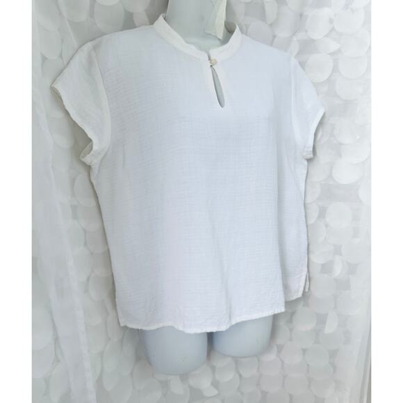 Eileen Fisher Large 100% Linen cream short sleeve top blouse Mandarin collar - Picture 3 of 10